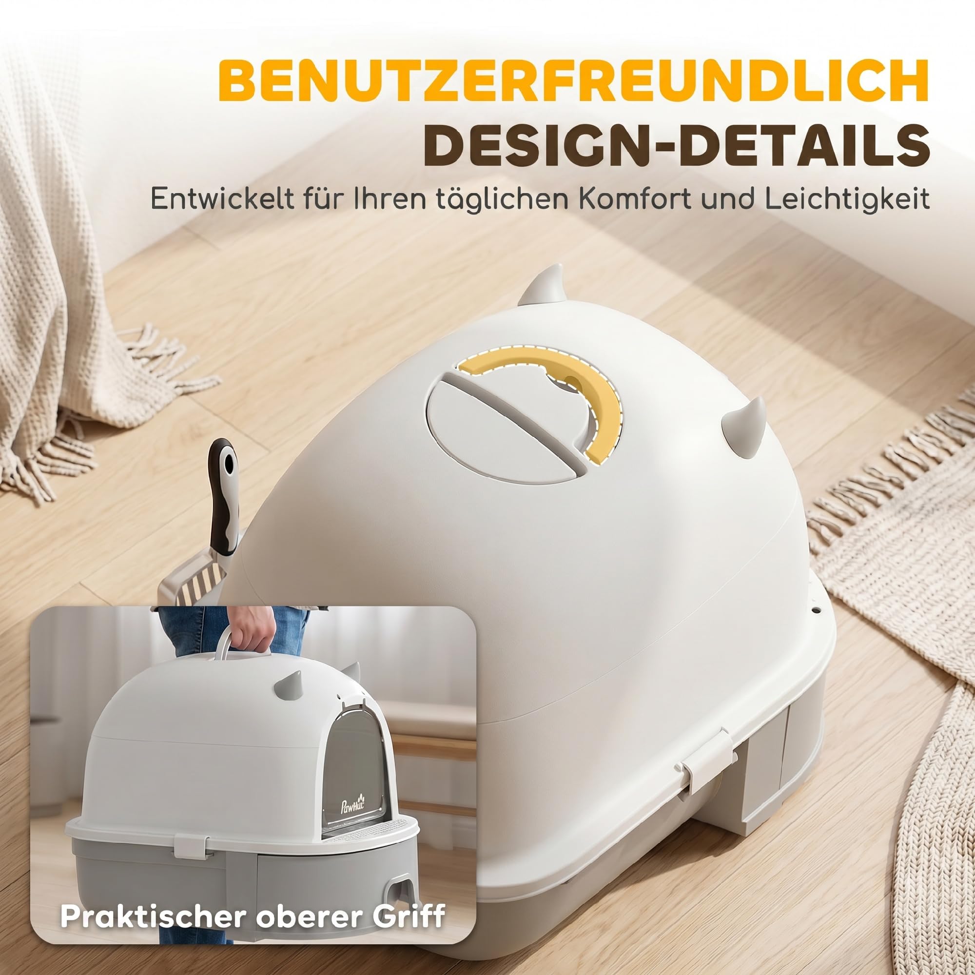 PawHut Katzentoilette mit Abnehmbarem Deckel bis 5 kg 52 x 42 x 39 cm Grau | Edelstahl, Katzenklo, Schaufel, Aktivkohlefilter, Geruchsdicht, für Mittelgroße Katzen