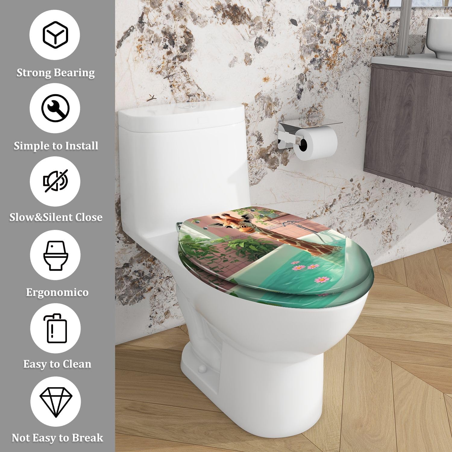Elongated Toilet Seat Giraffe Bathtub Botanical Animal Maximalism Jungle Tropical Resin Toilet Seat with Quietly Close Quick Release Hinges Decorative Toilet Seat with Cover Easy to Clean and Install