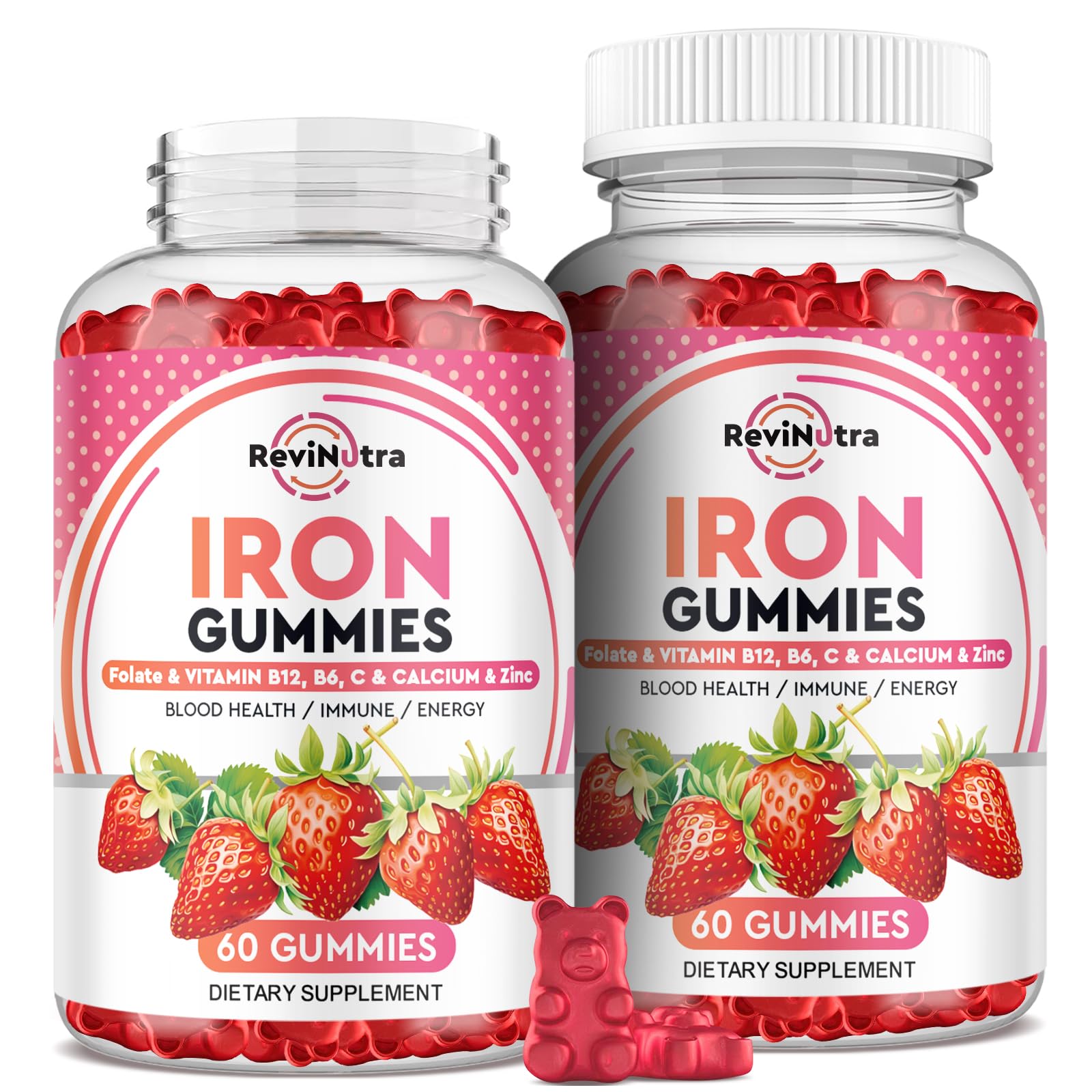 Iron Gummies - with Calcium, Zinc, Folate & Vitamin B12, C, B6 for Adults & Kids - Blood Builder & Energy Support for Iron Deficiency, Anemia, Vegan - 2 Pack Strawberry Flavour,60 Gummies Strawberry 60 Count (Pack of 2)