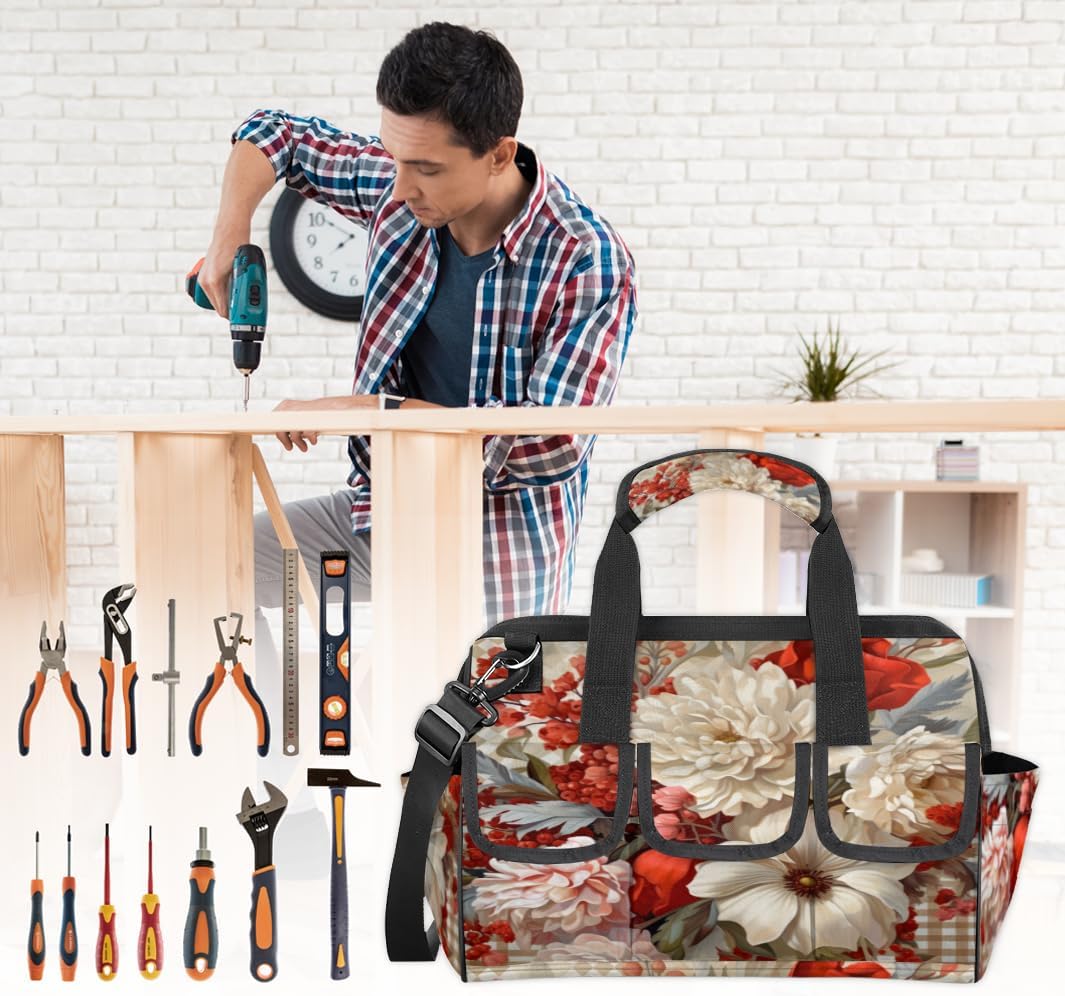 Flower Heavy Duty Tool Bag 14.8 Inch Flowers Portable Soft Tool Box Organizer Storage with Adjustable Shoulder Strap
