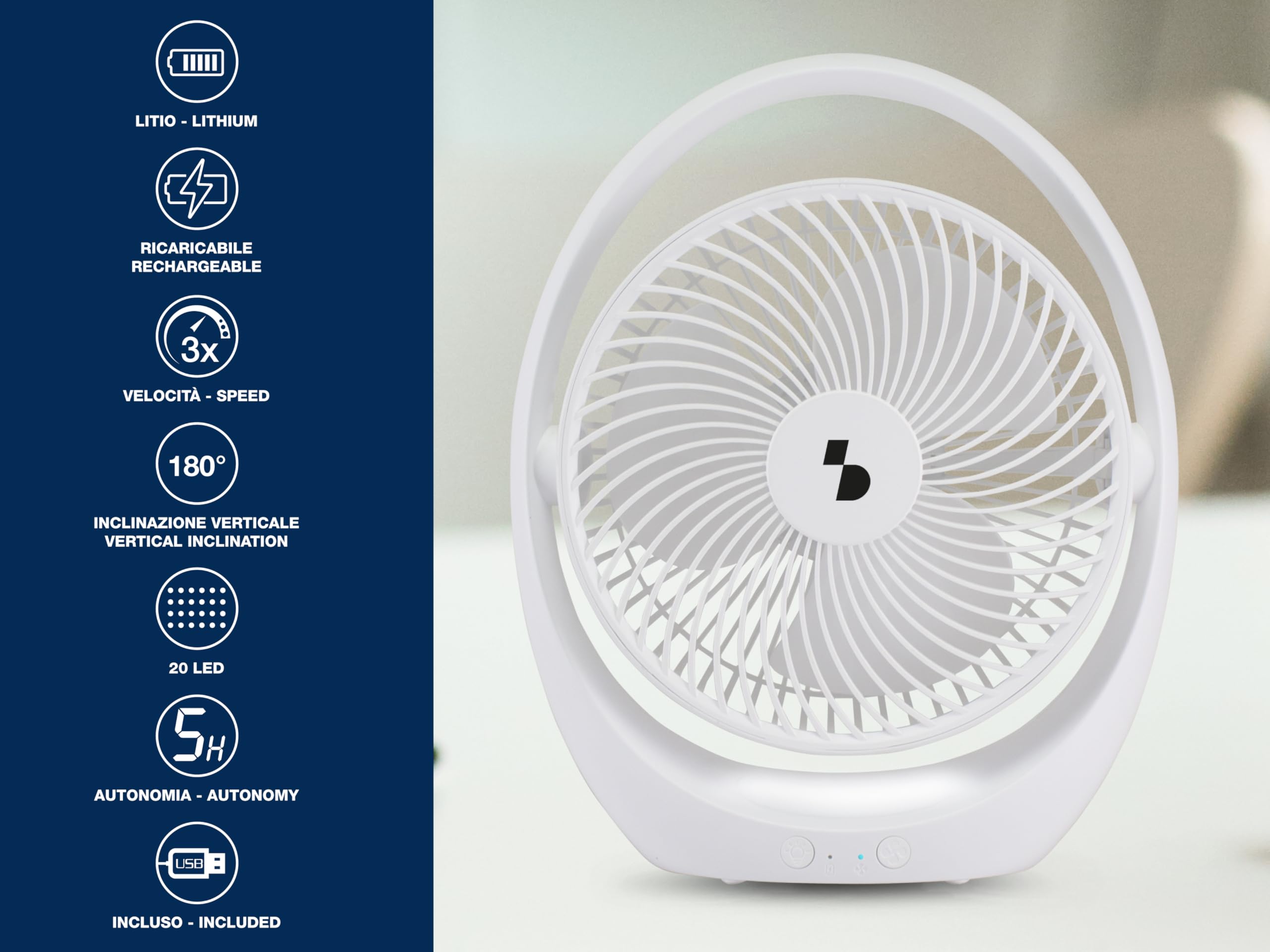 BEPER P206VEN425 Ventilatore da Tavolo Ricaricabile con Luce LED, Ventilatore Portatile 3 Velocità, Luce Notturna 2 Intensità, Autonomia 5h, Inclinazione Regolabile, USB