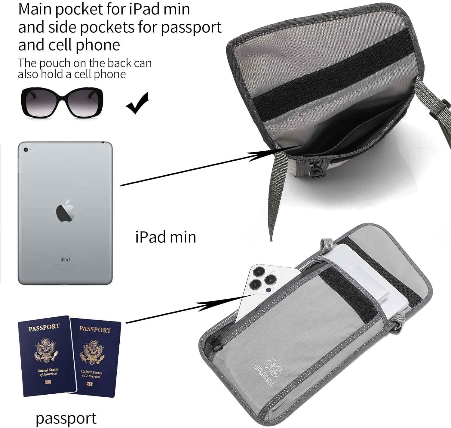 JEMINAL Passport ID Crossbody Phone Bag for Men & Women: Waterproof Small Phone Shoulder Handbag for lighty Camp Jog Travel