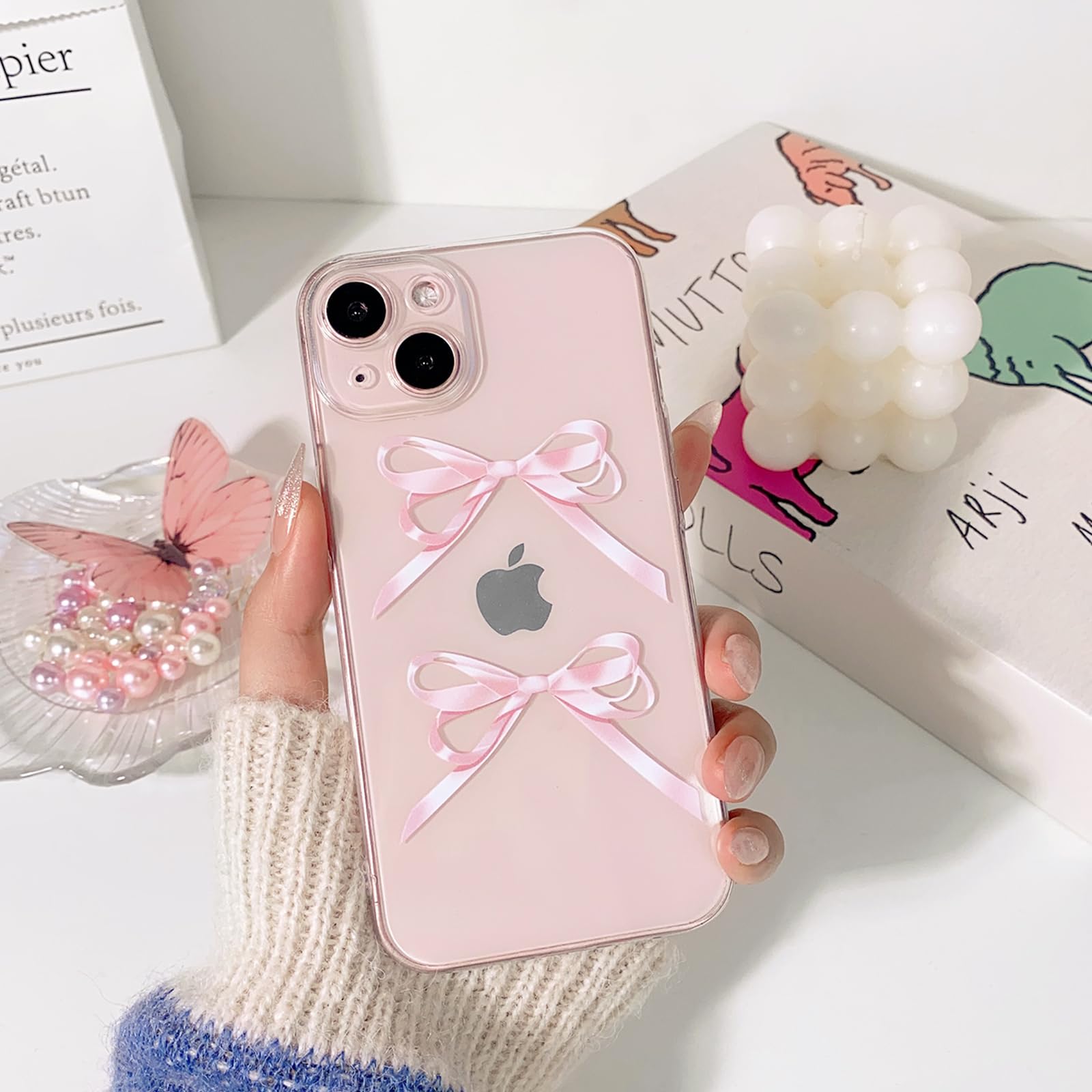 NITITOP Compatible With IPhone 13 Pro Case Clear Cute For Women Girls Glitter With 3D Bowknot Pattern Pearl Design Bling Sparkly Protective Phone Cover - Pink