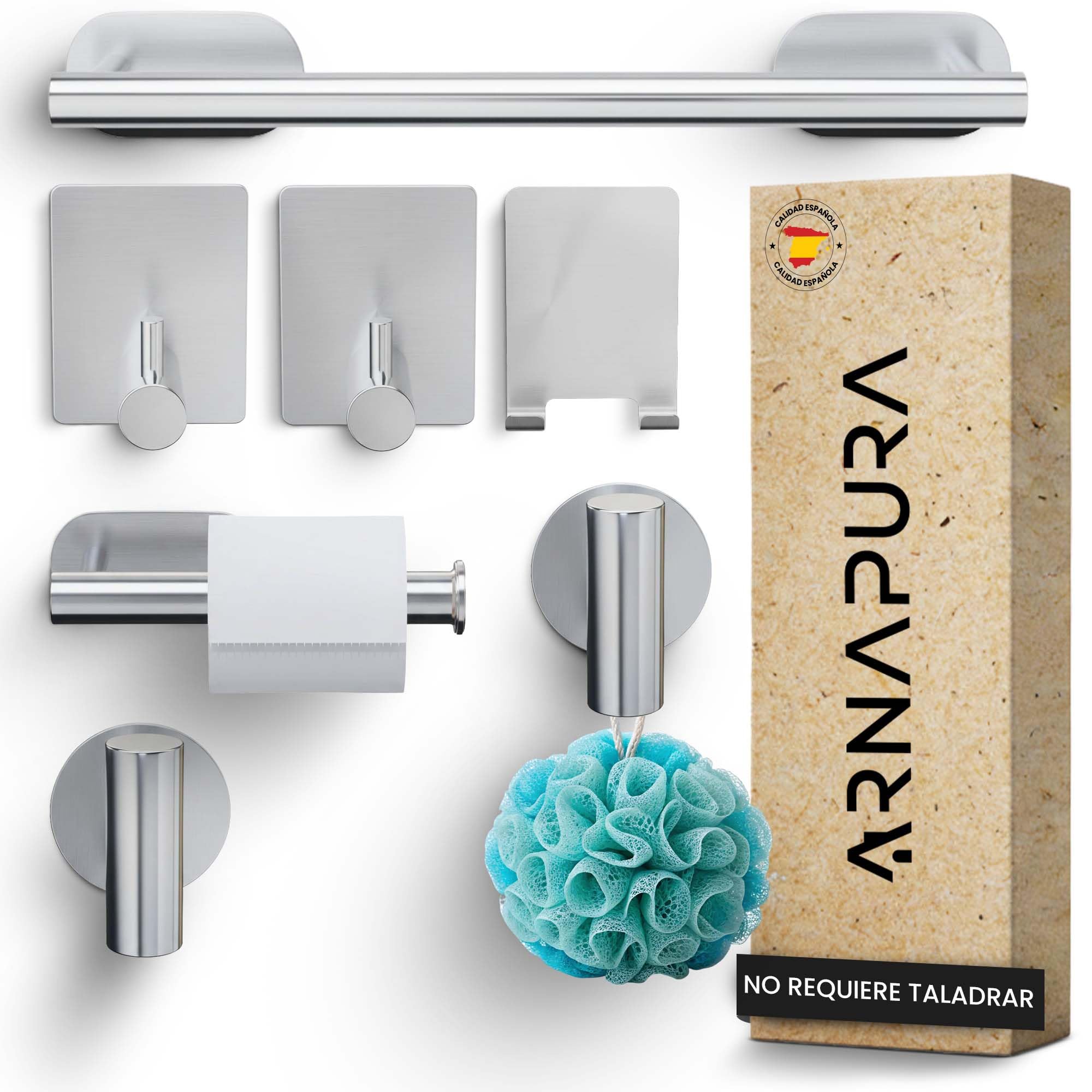 Toalleros de Baño sin Taladro | Pack 7 PCS Accesorios Baño sin Taladro de Acero Inoxidable 304 | Incluye Adhesivo Ultraresistente Tipo de Baños (Plata)