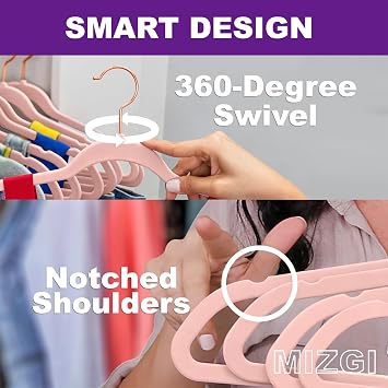 MIZGI Velvet Hangers 50 Pack Non Slip Heavy Duty Blush Pink Rose Gold Hooks