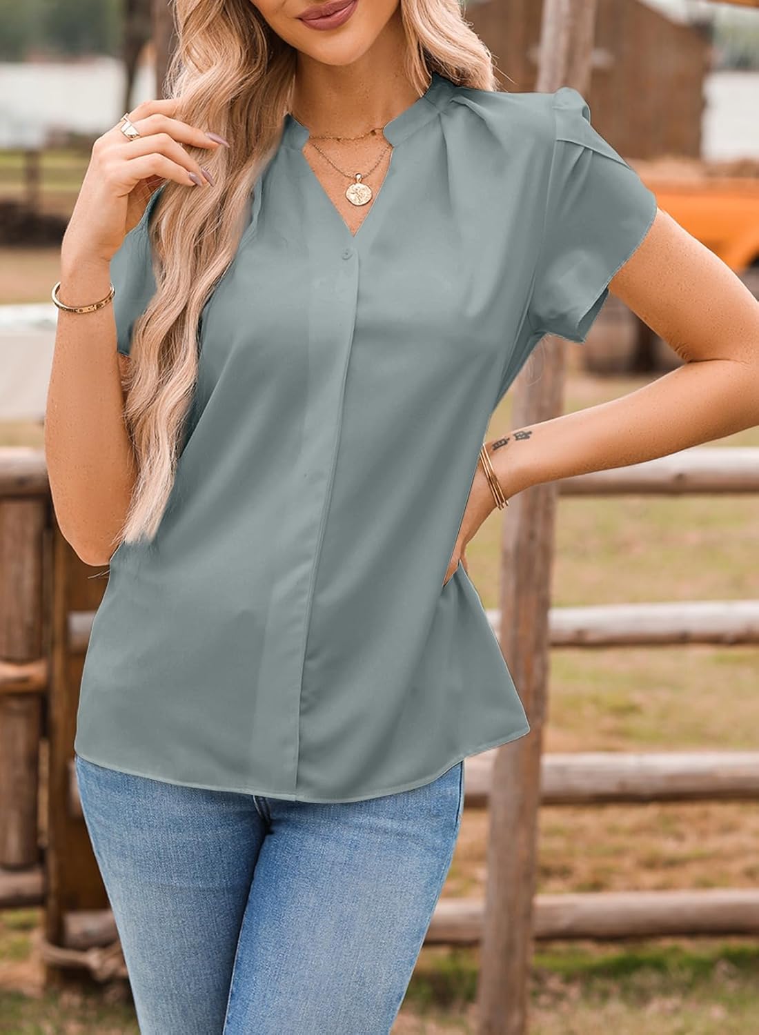 Astylish Women's Dressy Notched V Neck Tops Business Work Cap Sleeve Chiffon Blouse Shirts - Image 4
