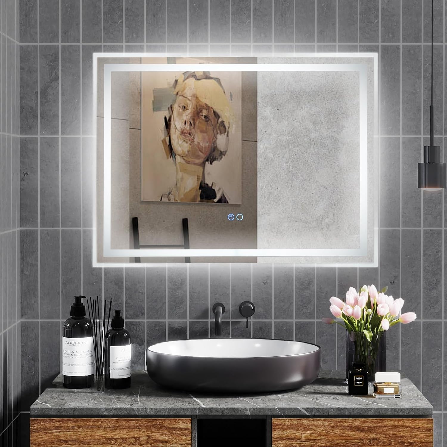 COSTWAY LED Bathroom Mirror with Lighting, 80 x 60 cm Bathroom Mirror, Anti-Fog, Wall Mirror, Dimmable with Touch Switch & Memory Function, LED Mirror Hanging Mirror for Bathroom (Rectangular)