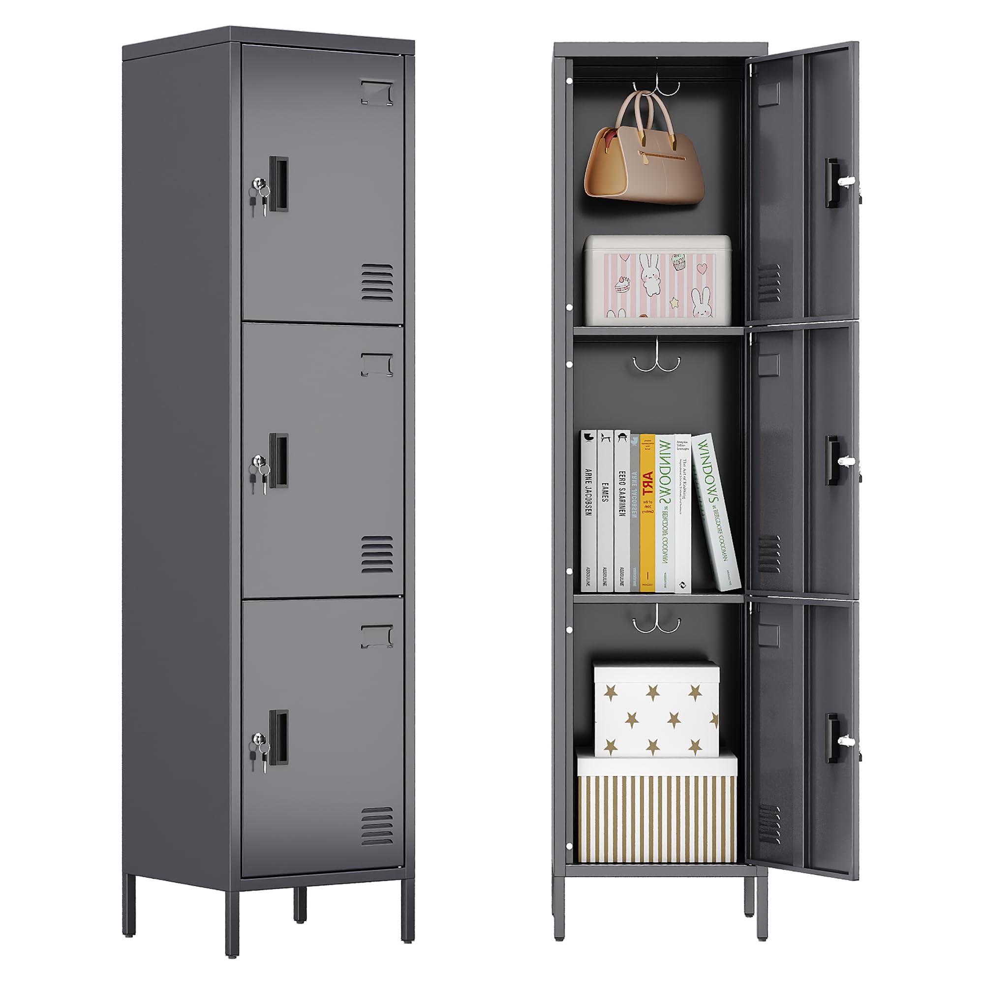 Aobabo 16" W 3 Door Metal Storage Locker with Lock, 66" H Steel Locker with Name Card Holder and Metal Hook for School, Home, Office, Playroom, Assembly Required, Dark Grey