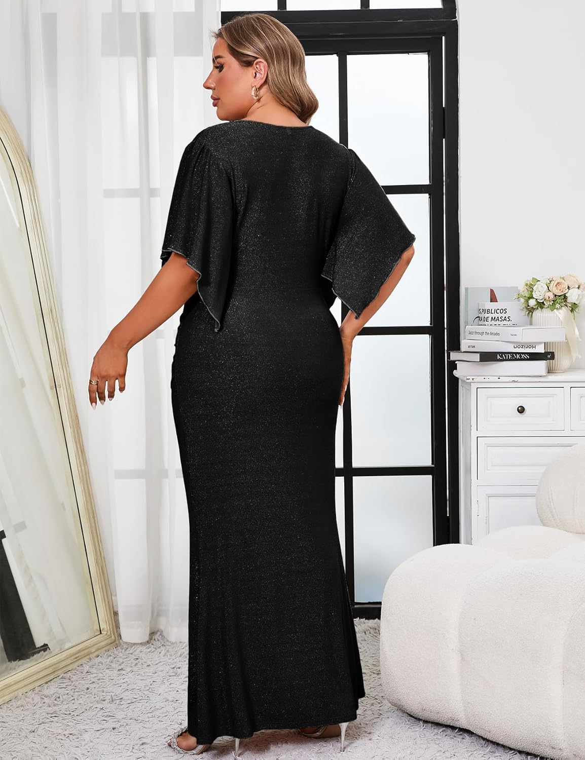 ZOMVA Plus Size Maxi Sparkly Dress Formal Evening Gown Cocktail Prom Glitter V-Neck Wrap Handkerchief Sleeves - Image 6