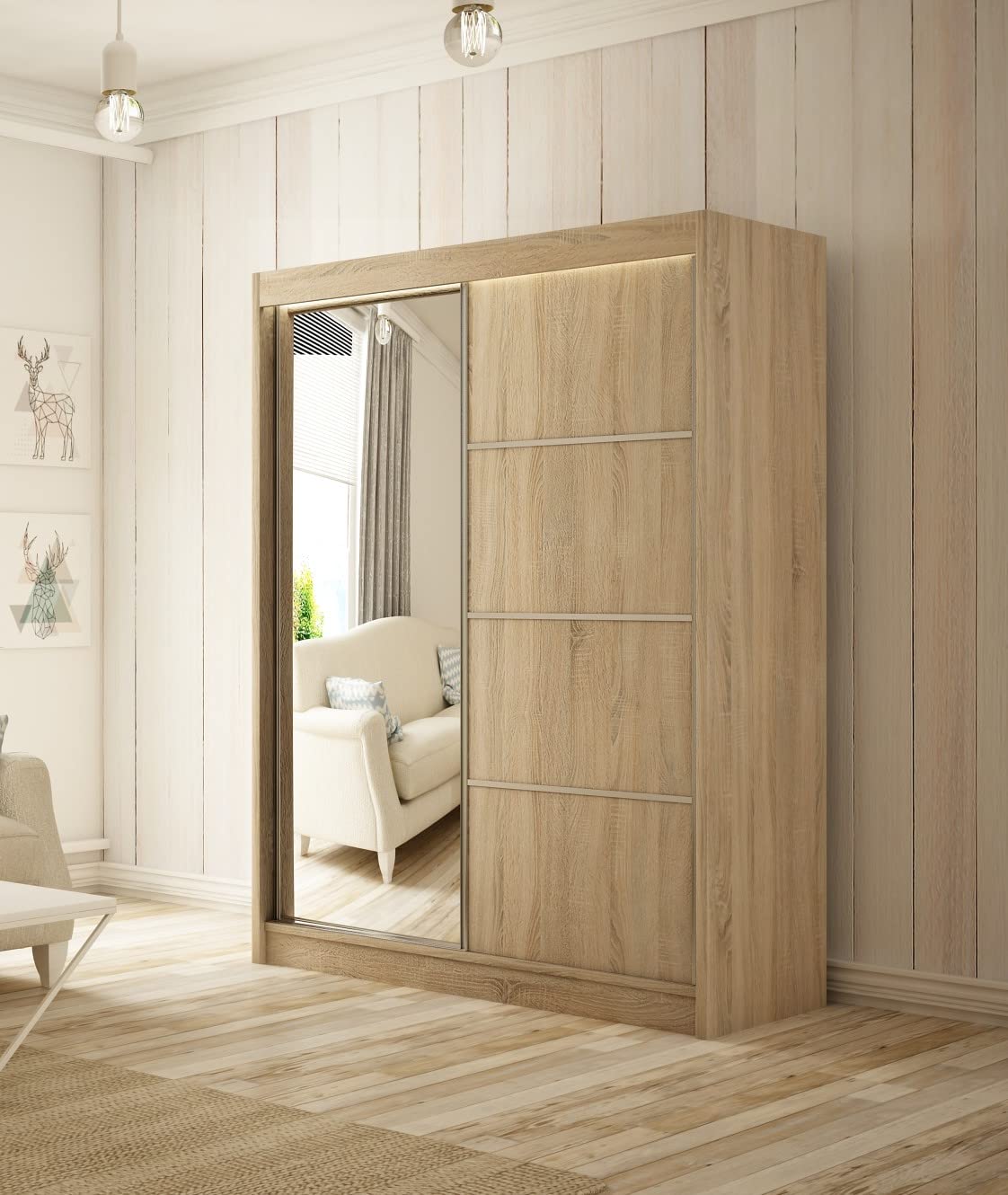 Margaret Hadas24 Kleiderschrank Padwa 150 mit Spiegel, Organizer, Mehrzweckschrank, Schwebetürenschrank, Garderobenschrank, Kleiderstange, Kleiderständer, Flurschrank, Schrank, 2-türig, braun