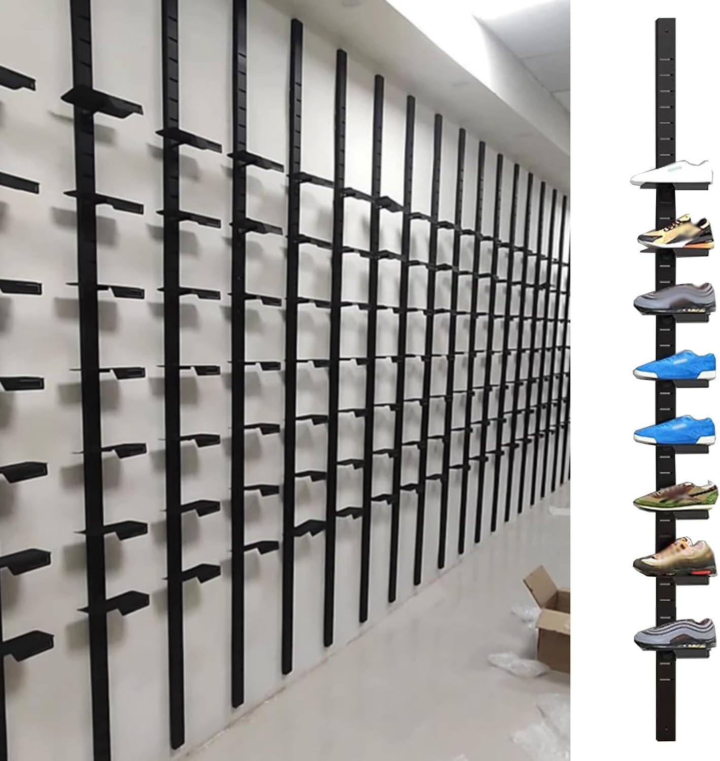 Tall Narrow Wall-Mounted Commercial Shoe Rack - Metal 2m Display nizer with 8 Brackets, Adjustable eaker STO Stand for Boutique (Black, 10pcs)