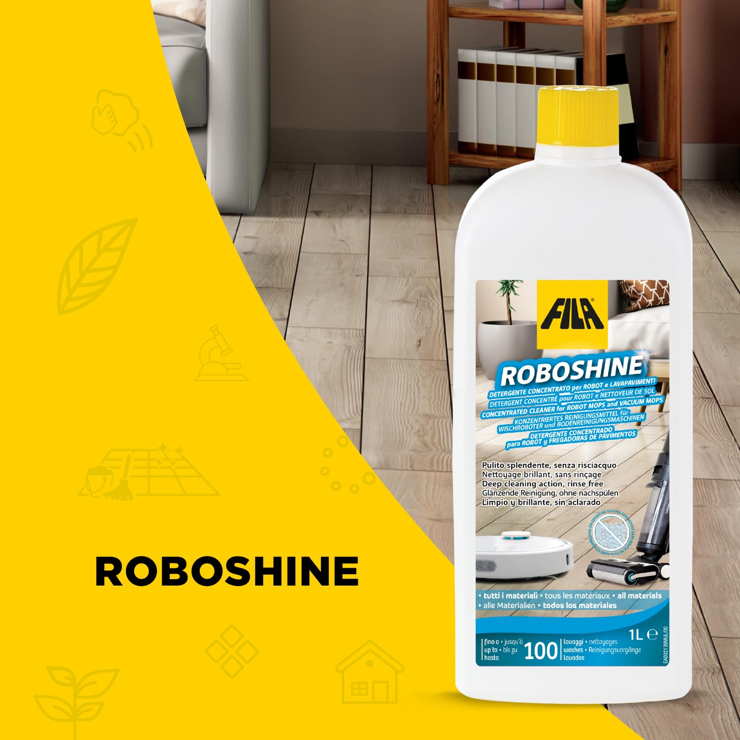 Fila Surface Care Solutions, ROBOSHINE, Detergente per Tutti i Robot Aspirapolvere Lavapavimenti e Lavasciuga Pavimenti, Fino a 100 Lavaggi, Detersivo Pavimenti per Ogni Tipo di Superficie, 1L