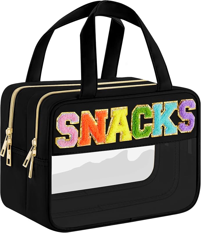 Necessaire transparente SIMBOOM com zíper e letras em chenille, preta, 1 unidade
