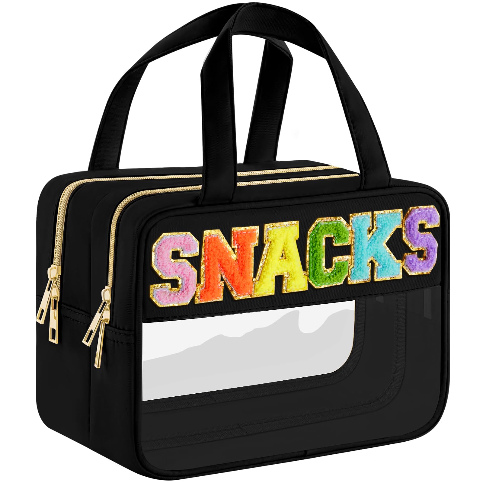 Chenille Letter Clear Makeup Bag, Preppy Clear Snack Bags with Zipper, Stuff Bag Waterproof Sunscreen Bag Travel Toiletry Bag Cosmetic Pouch for Women