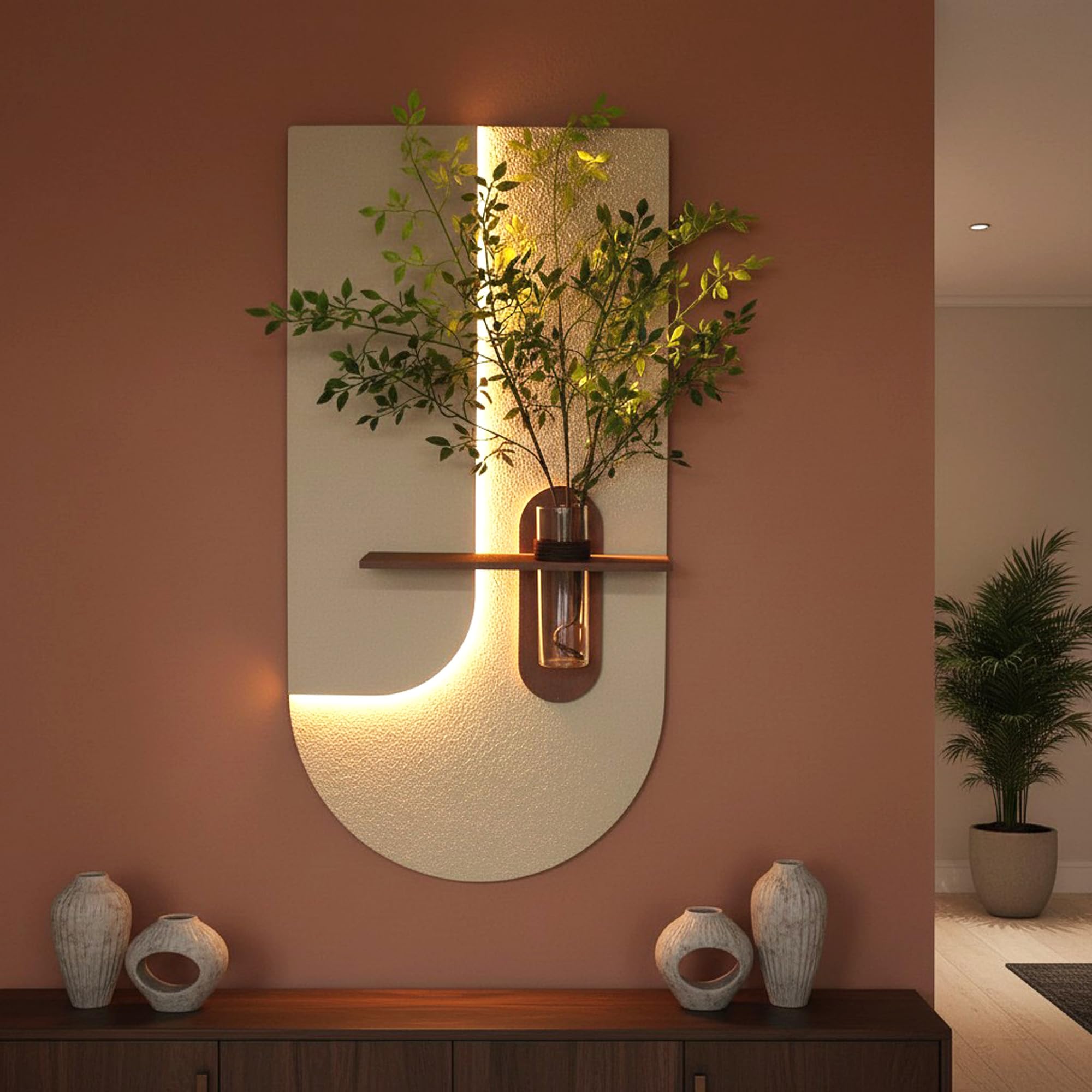Arnusa WD001 - Quadro da parete 3D con illuminazione a LED e vaso di vetro decorativo, decorazione da parete, 100 x 50 cm