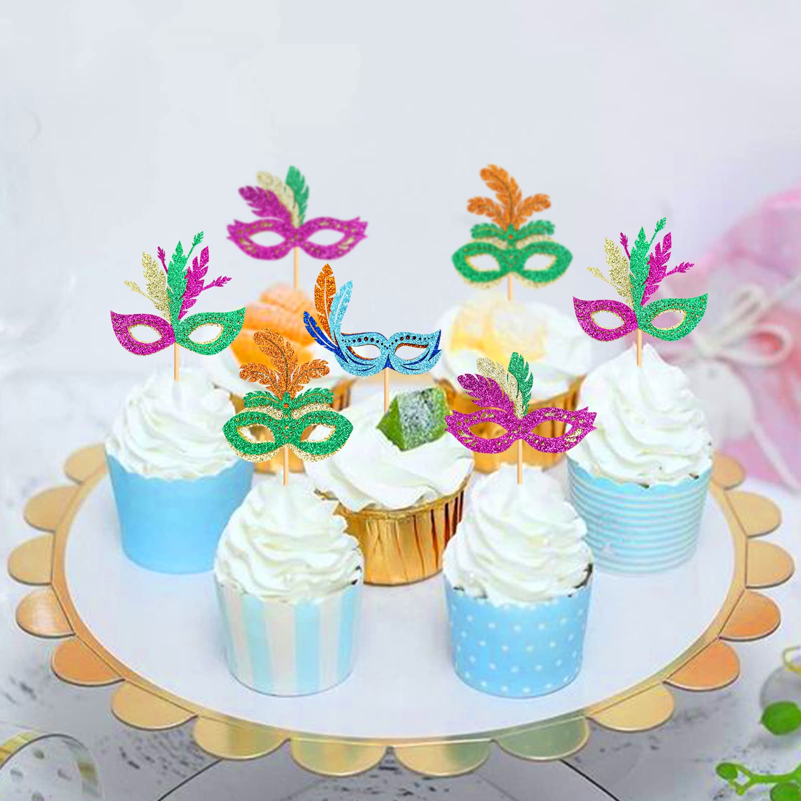 Produktbild von 24 Stück Masken Cupcake-Topper – Glitzernd, Für Junggesellinnenabschied, Karneval & Mottopartys