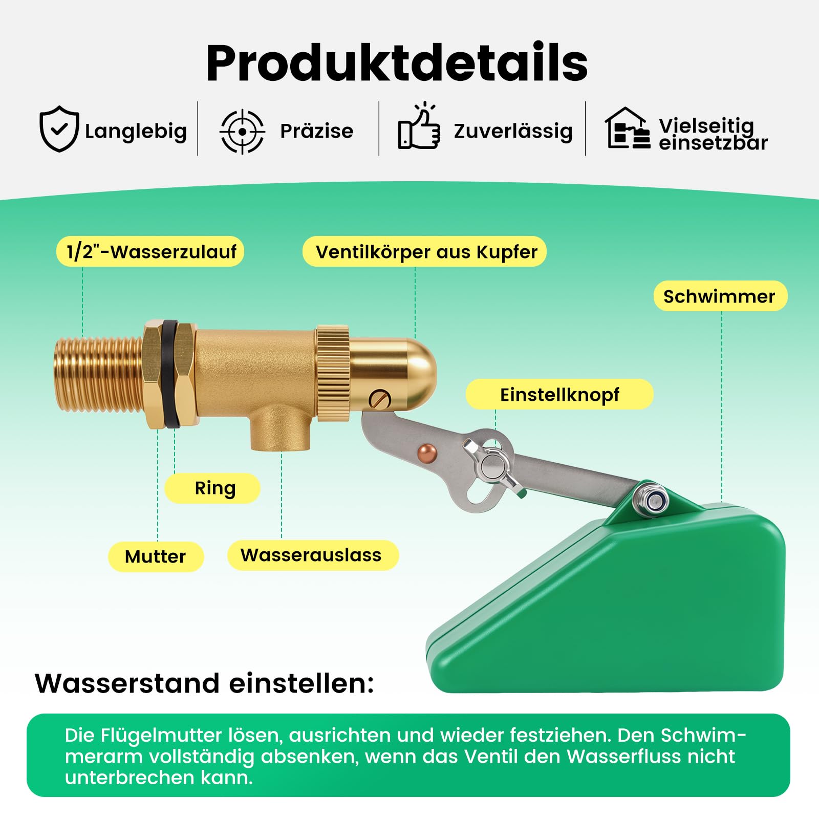 1/2" Schwimmerventil, Messingventil mit Kunststoffschwimmer, schwimmender Kugelhahn mit verstellbarem Arm, automatische Wassernachfüllung, für Fischbecken, Hundetränken, Rinder- und Schafstränken