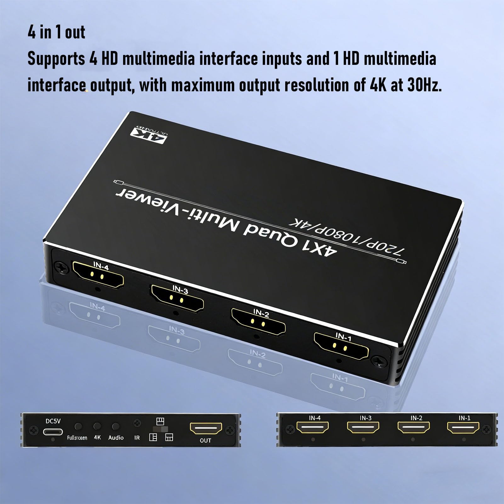 Multiviewer HDMI, commutatore di visualizzazione a quattro schermi 4 in 1, switcher senza interruzioni, supporta 4K 30Hz con telecomando e cavo di alimentazione.