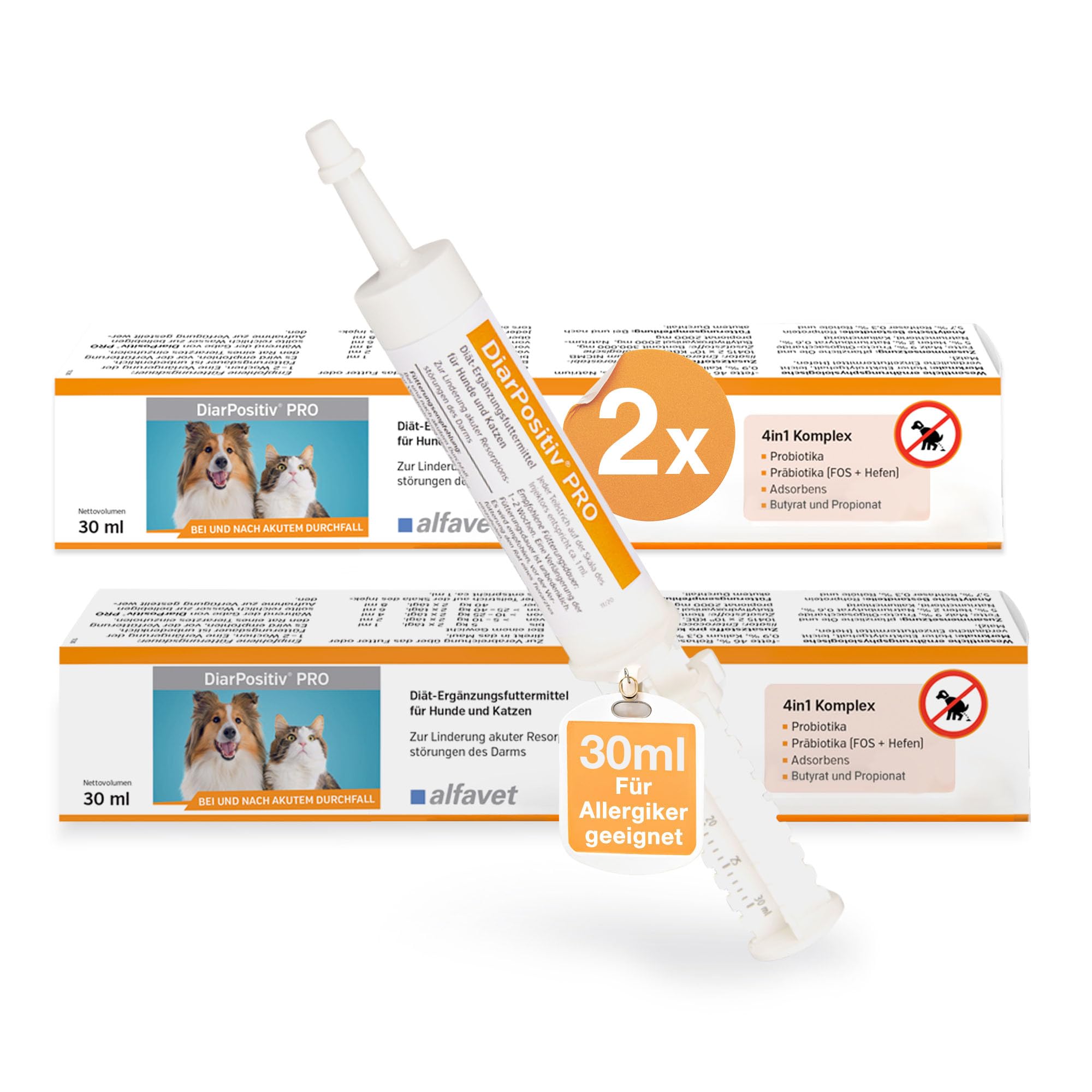 Alfavet DiarPositiv PRO 2x 30 ml – Diät-Ergänzungsfuttermittel für Hunde & Katzen – Mit Pro- & Präbiotika zur Unterstützung der Darmflora & Verdauung – Paste mit Butyrat & Propionat, ohne Zuckerzusatz