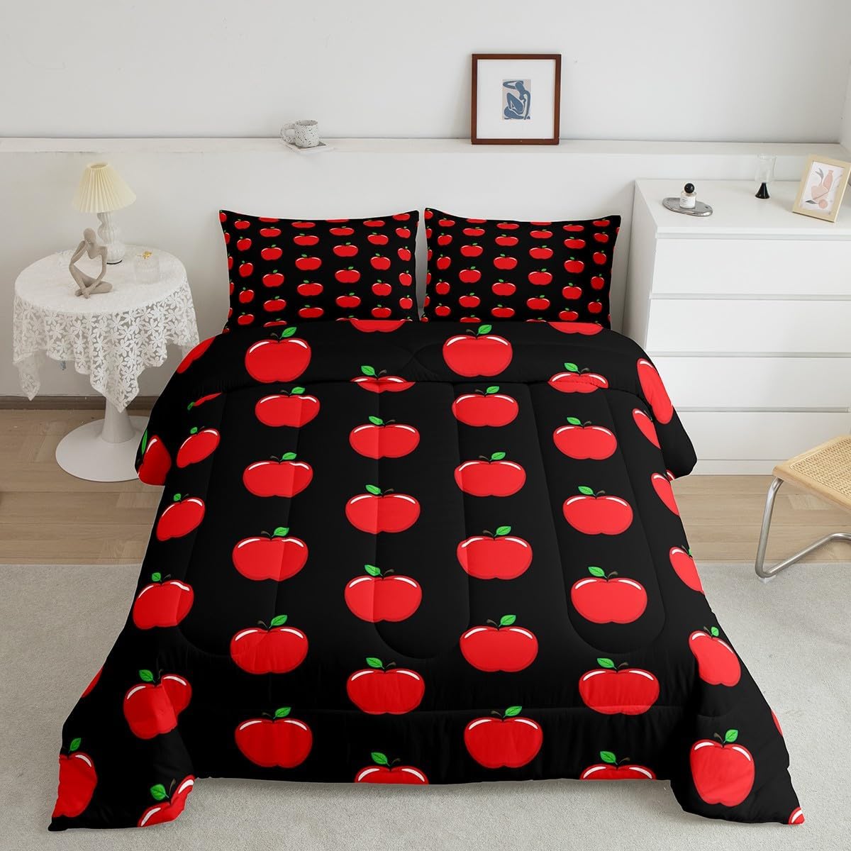 Cartoon Apple Kids Toddler Bedding Set 2 Pcs,Cute Red Apples Decorative Comforter Set for Boys Girls Teens,Lovely Fruits Print Simple Hippie Quilted Comforter with 1 Pillowcase