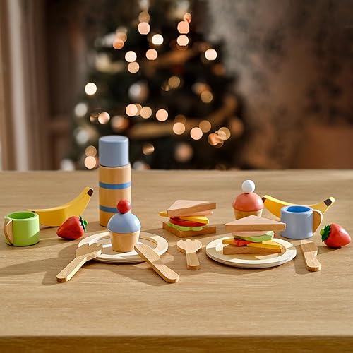 Miniatura 2 de PairPear Juego de comida de madera para la cocina de los niños, 32 piezas de juguetes de simulación, juego de picnic con bolsa de compras, juguetes