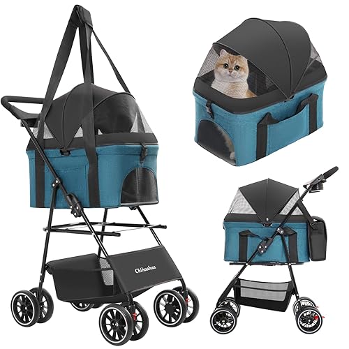 2-in-1 Foldable Pet Stroller with Canopy, 4 Wheels Pet Strolling Cart for Small/Medium Dogs and Cats with Removable Carrier,Breathable Mesh,Mom Tote Bag,Cup Holders,Easy Assembly,Black+Green - Black+Green - 4 wheels