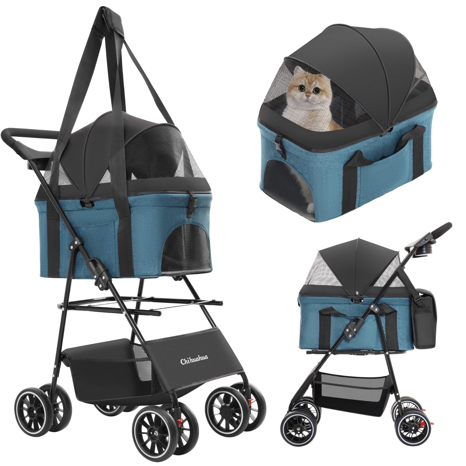 2-in-1 Foldable Pet Stroller with Canopy, 4 Wheels Pet Strolling Cart for Small/Medium Dogs and Cats with Removable Carrier,Breathable Mesh,Mom Tote