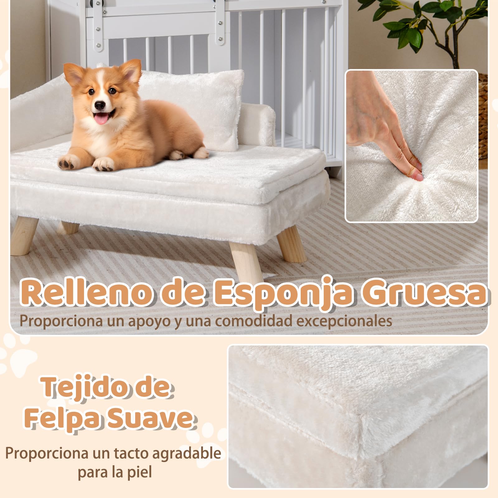 GOPLUS Cama Elevada para Perros y Gatos, Sofá para Perros con Cojín Suave Extraíble y Patas de Madera, Capacidad 30 kg, Cama para Mascotas de Tamaño Mediano y Pequeño, 71 x 43 x 40 cm (Blanco)