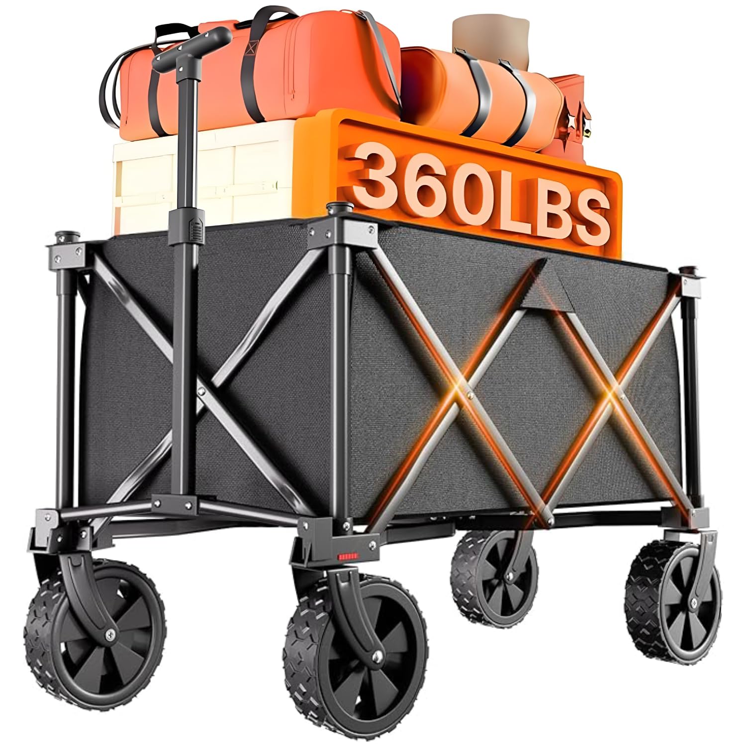 BEAU JARDIN Heavy Duty Folding Wagon Cart 200L 150KG Capacity - All Terrain Utility Trolley for Camping, Beach, Picnic & Garden | Push Pull Handle | Compact Foldable Design | Black