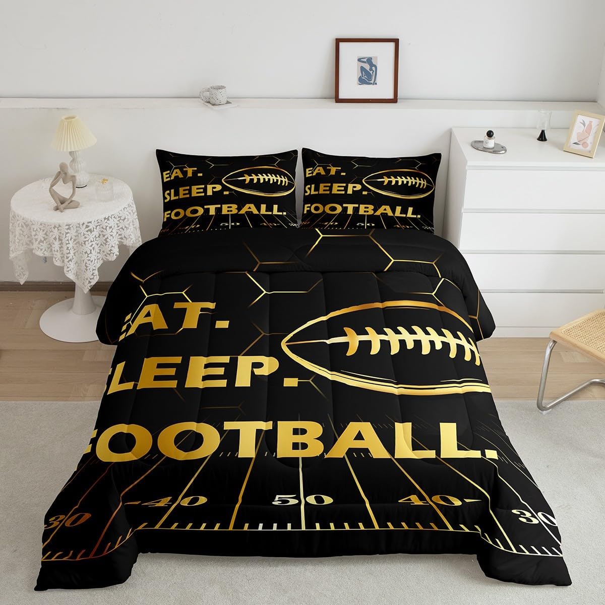 Football Comforter Set Eat Sleep Football Comforter Golden Black Football Honeycomb Bedding Set Soccer Ball Game Duvet Set Full Size Quilt Set 3Pcs