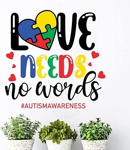 Miniatura 10 de Adhesivo de pared con texto en inglés "Love Needs No Words" para pared, para autismo, soporte autista, rompecabezas, decoración de pared, vinilo