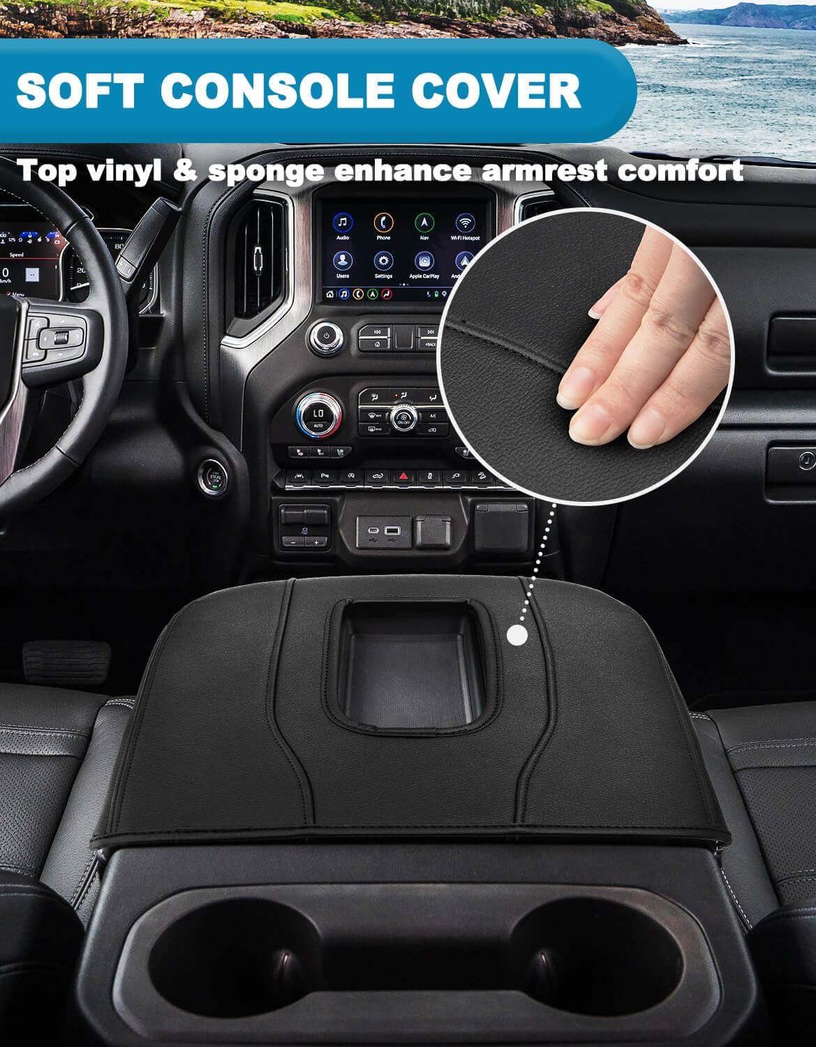 Center Console Armrest Cover for GMC Sierra & Chevy Silverado 2019-2026, Tahoe & Yukon & Suburban 2021-2026, Floor Console Bucket Seat Only, Vinyl Leather Trim, Scratchproof, Black