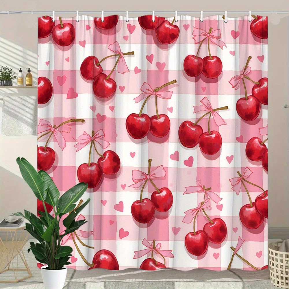 GLWDMB 1 Piece 180x200CM Pink Checkered, Cherry, Hearts Printed Shower Curtain With Hook, Polyester, for Windows And Walls, Bathtub, Bathroom, Machine Washable, All Season Universal