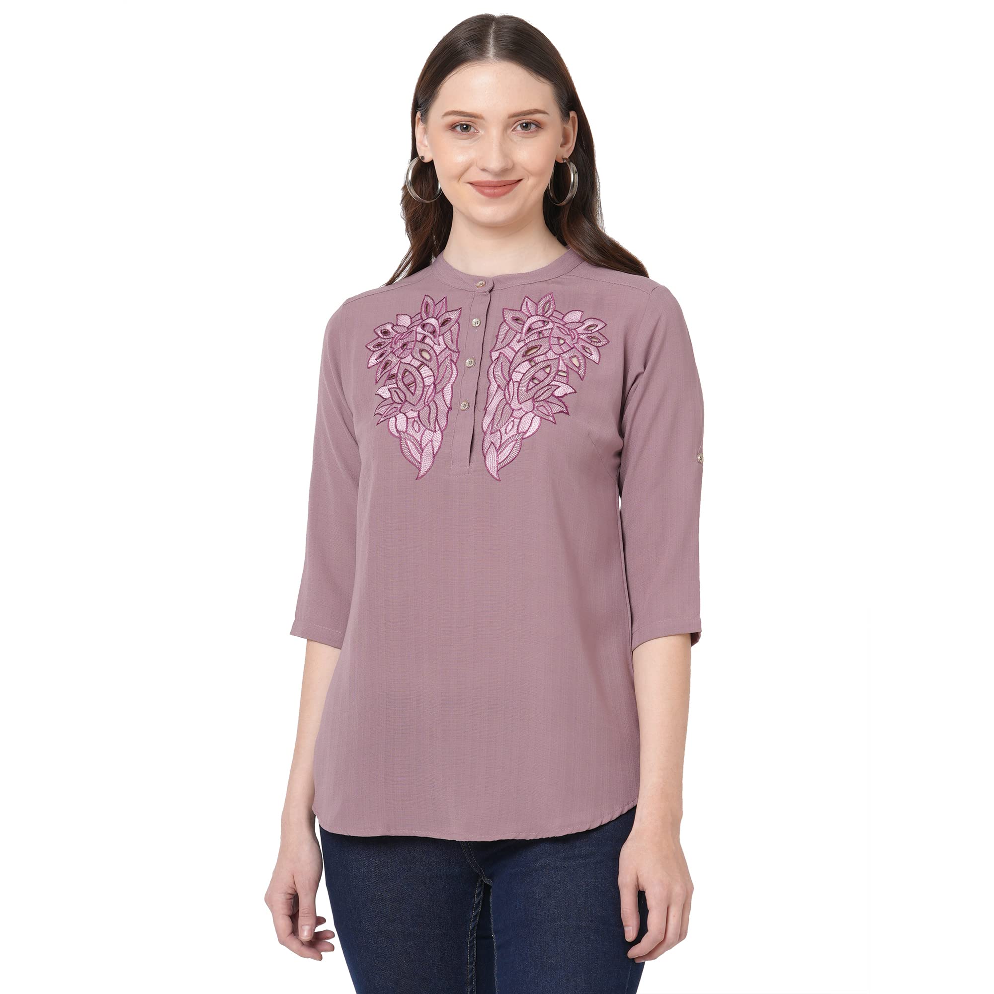 go-4 it Go.4.it Women's Band Collar Top with Front Embroidery-picture-24