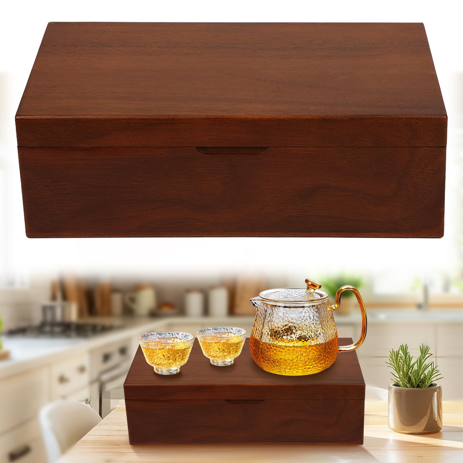 Teebox Holz für Teebeutel 8 Fächer, Teekiste aus Akazienholz mit Magnetische Deckel, 31 x 19.5 x 9.5 cm Retro Tee Organizer Tee Behälter Teebeutel Aufbewahrungbox, Wechselbare Trennwand