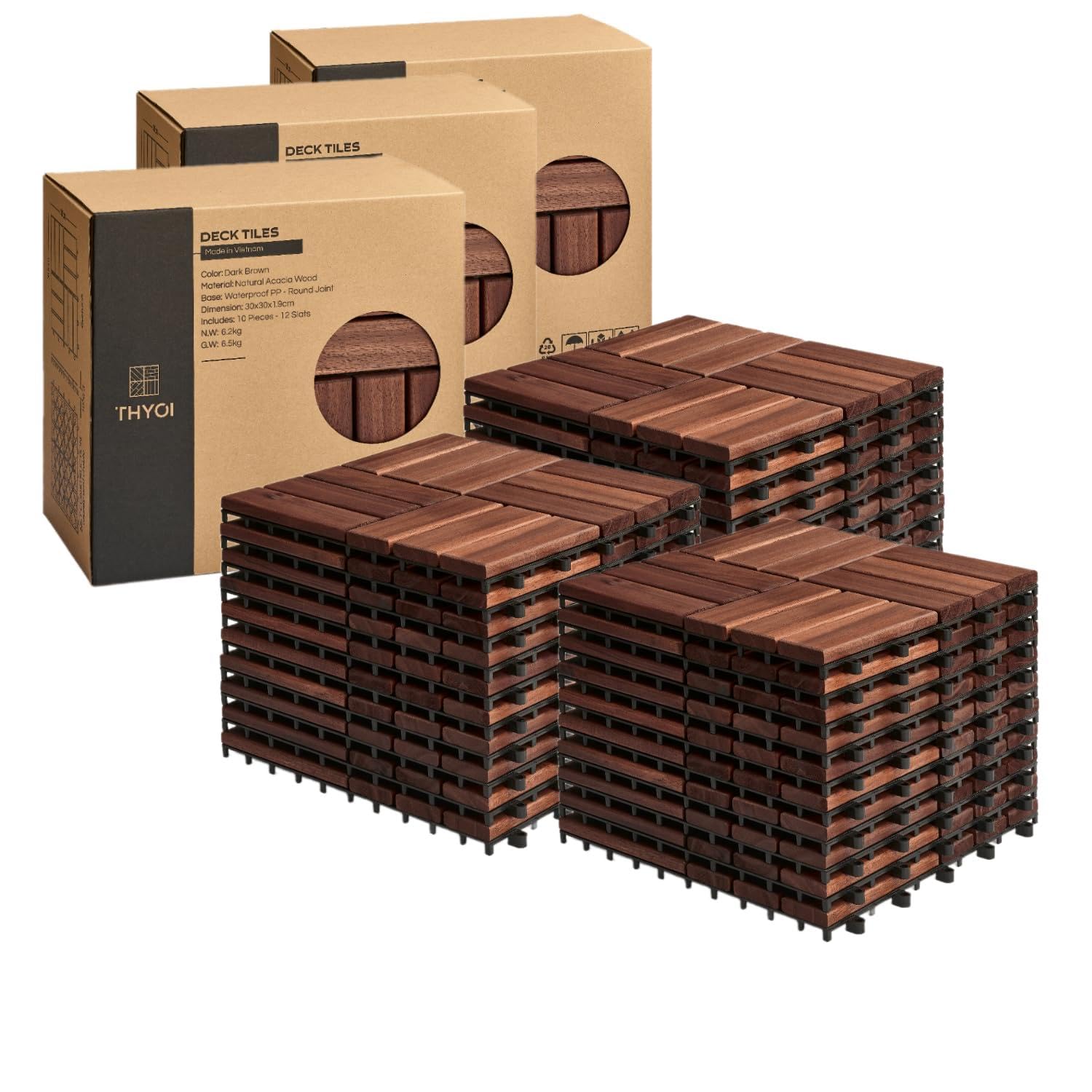 THYOI Acacia Wood Interlocking Deck Tiles 30-Piece Set