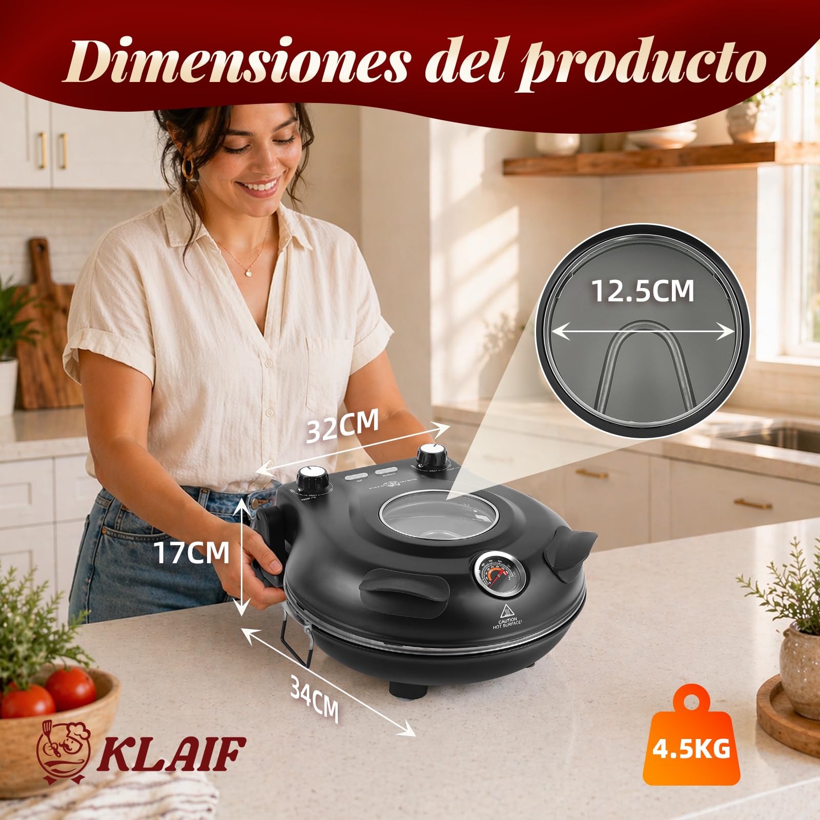 KLAIF Horno eléctrico para pizza con piedra cerámica de 31 cm, dos controles de temperatura ajustables, incluyendo 4 utensilios de pizza, LMC-negro