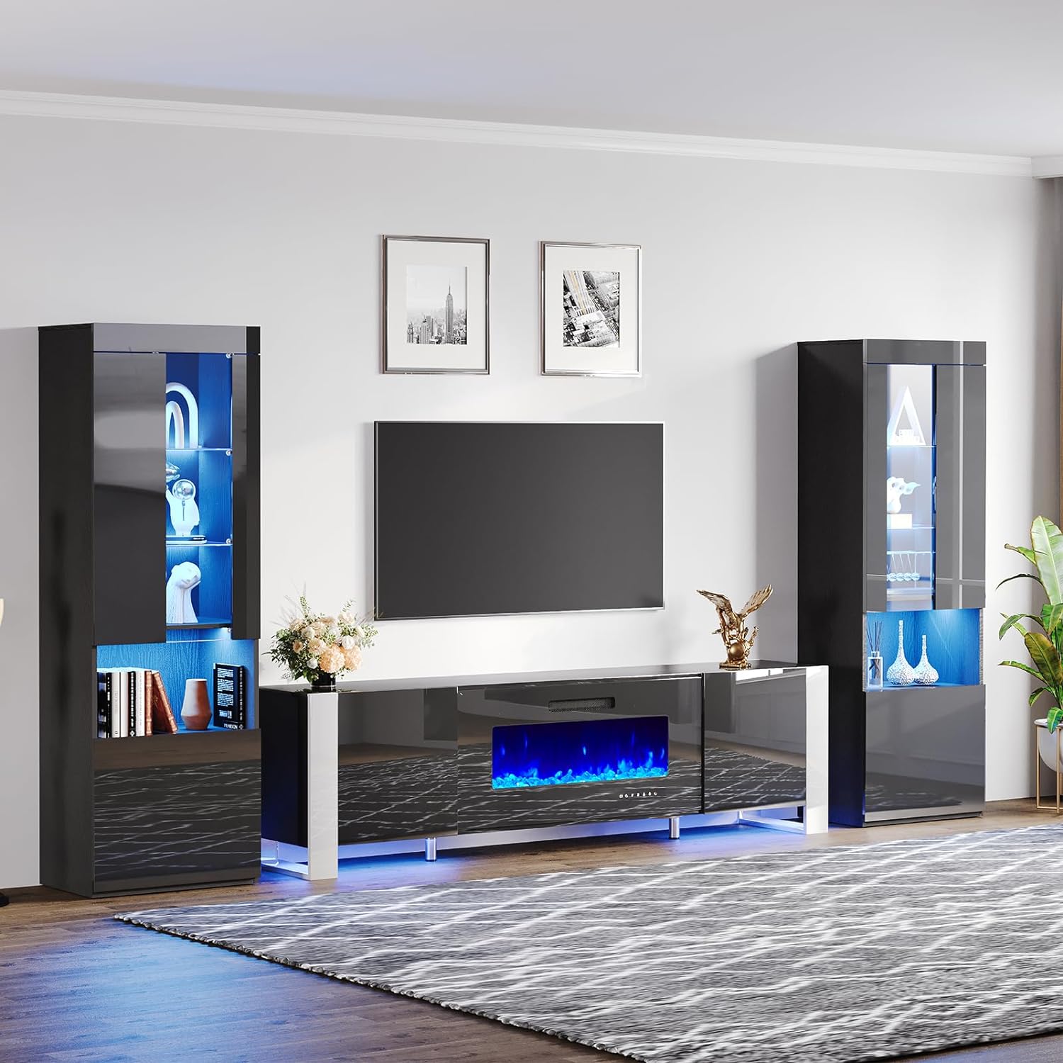 AMERLIFE 70" Modern Fireplace TV Stand with 36" Electric Fireplace & 2 Large Storage LED Bookcases, 3 Piece Living Room Entertainment Center Set for TVs Up to 80in, All Black