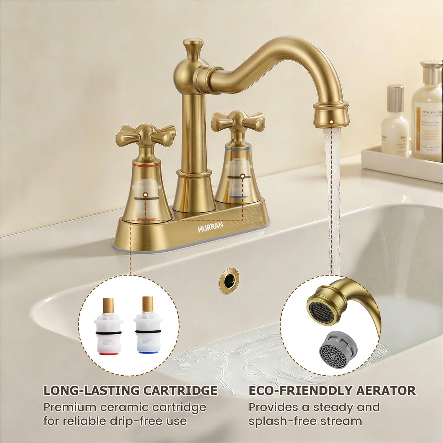Hurran 4-inch Centerset Brushed Gold Classical Bathroom Faucet, 2 Handles for 2 or 3 Hole Sink with 360° Swivel Spout, Pop Up Drain Assembly and Supply Hose for Vanity Sink Lavatory Faucet