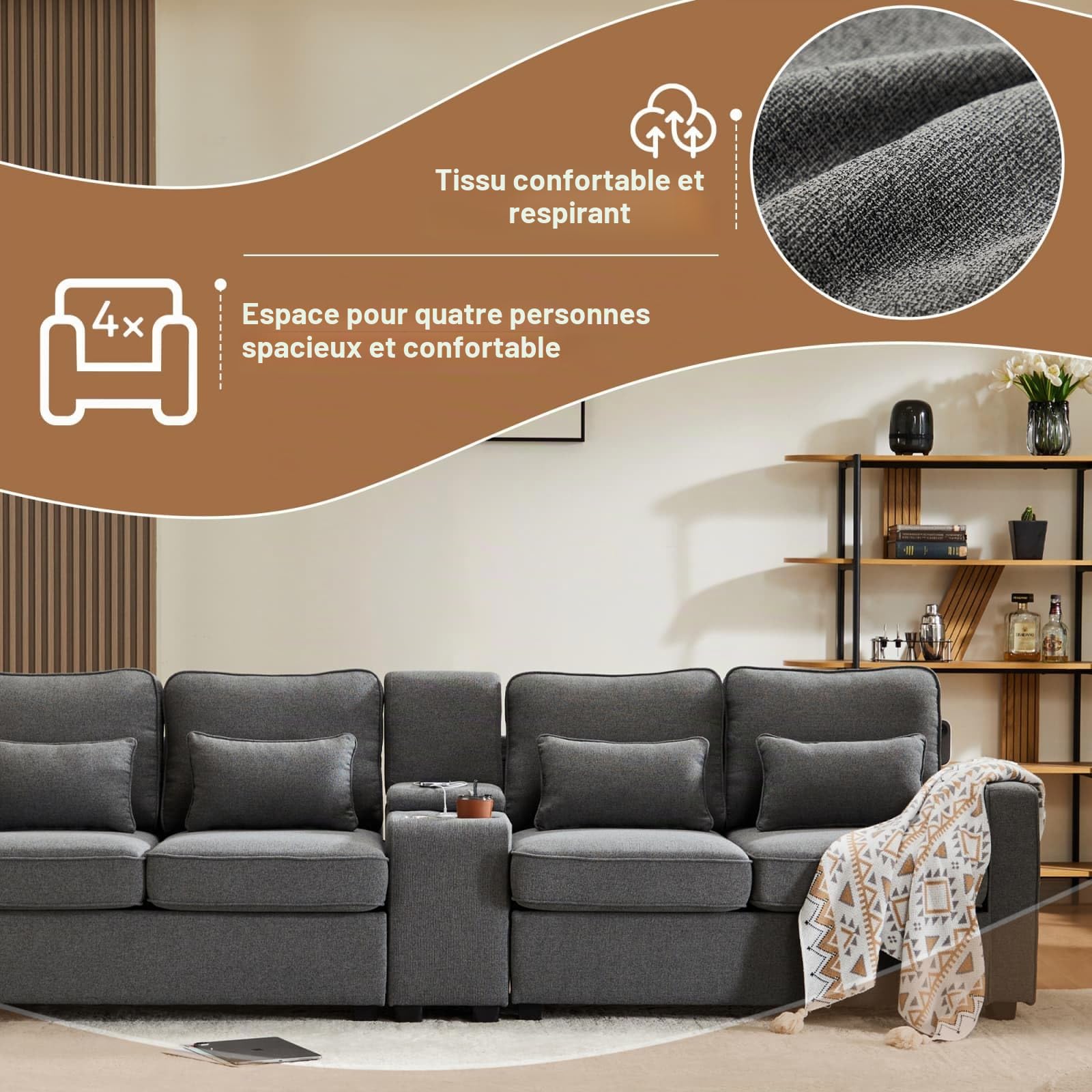 KOMHTOM Canapé Beige/Gris avec Coussins Canapé 4 Places avec Rangement, Grand canapé avec Porte-gobelet et Port de Charge Meubles de Salon (Gris foncé)
