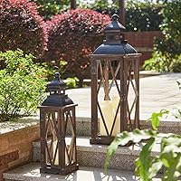 Glitzhome 2-Pack Black Farmhouse Wood Metal Candle Lanterns - Vintage Hanging Tabletop Decor for Patio Mantle, No Glass
