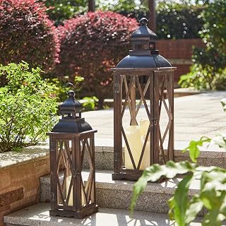 Glitzhome 2-Pack Black Farmhouse Wood Metal Candle Lanterns - Vintage Hanging Tabletop Decor for Patio Mantle, No Glass