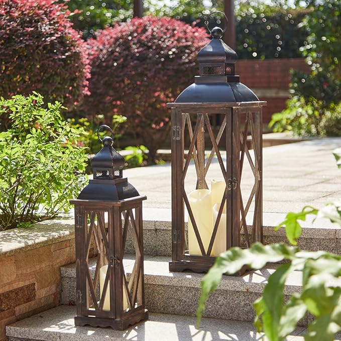 Glitzhome 2 Pack Farmhouse Wood/Metal Decorative Candle Lanterns Vintage Hanging Lantern for Patio - Tabletop, Black (No Glass)