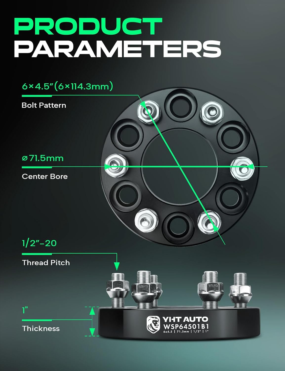 YHTAUTO 6x4.5 inch Wheel Spacers 1 inch Compatible with Dodge Dakota 1991-2004, Durango 1998-2003, Viper 1992-2017 6 Lug Tire Spacers w/ 1/2"-20 & 12.9 Grade Studs, 71.5mm Center Bore 4PCS Black