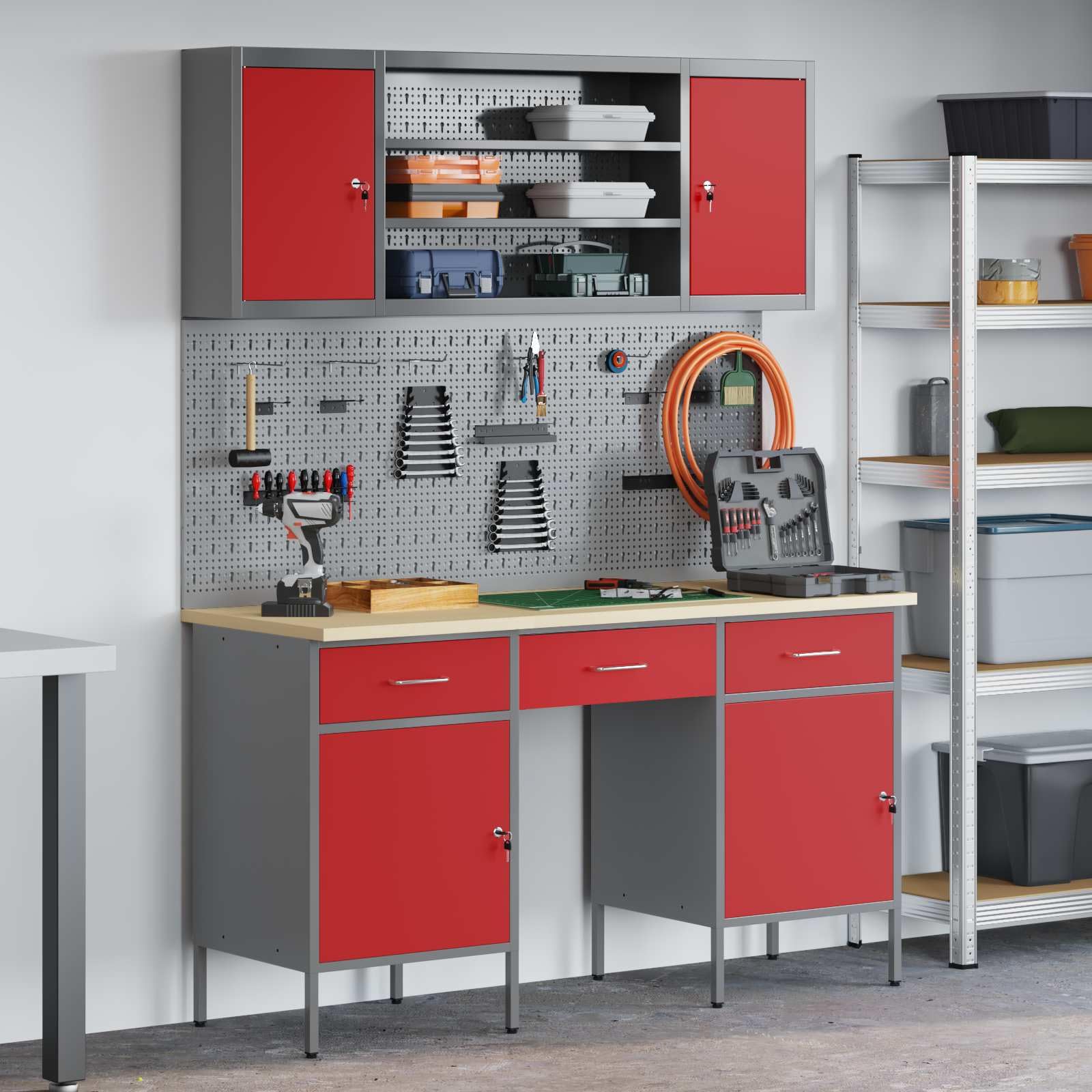 Moderne Werkbank mit 10 Schubladen, rot, aus Holz und Stahl für Werkstatt, robuste Aufbewahrung mit Loft-Design, einfache Montage