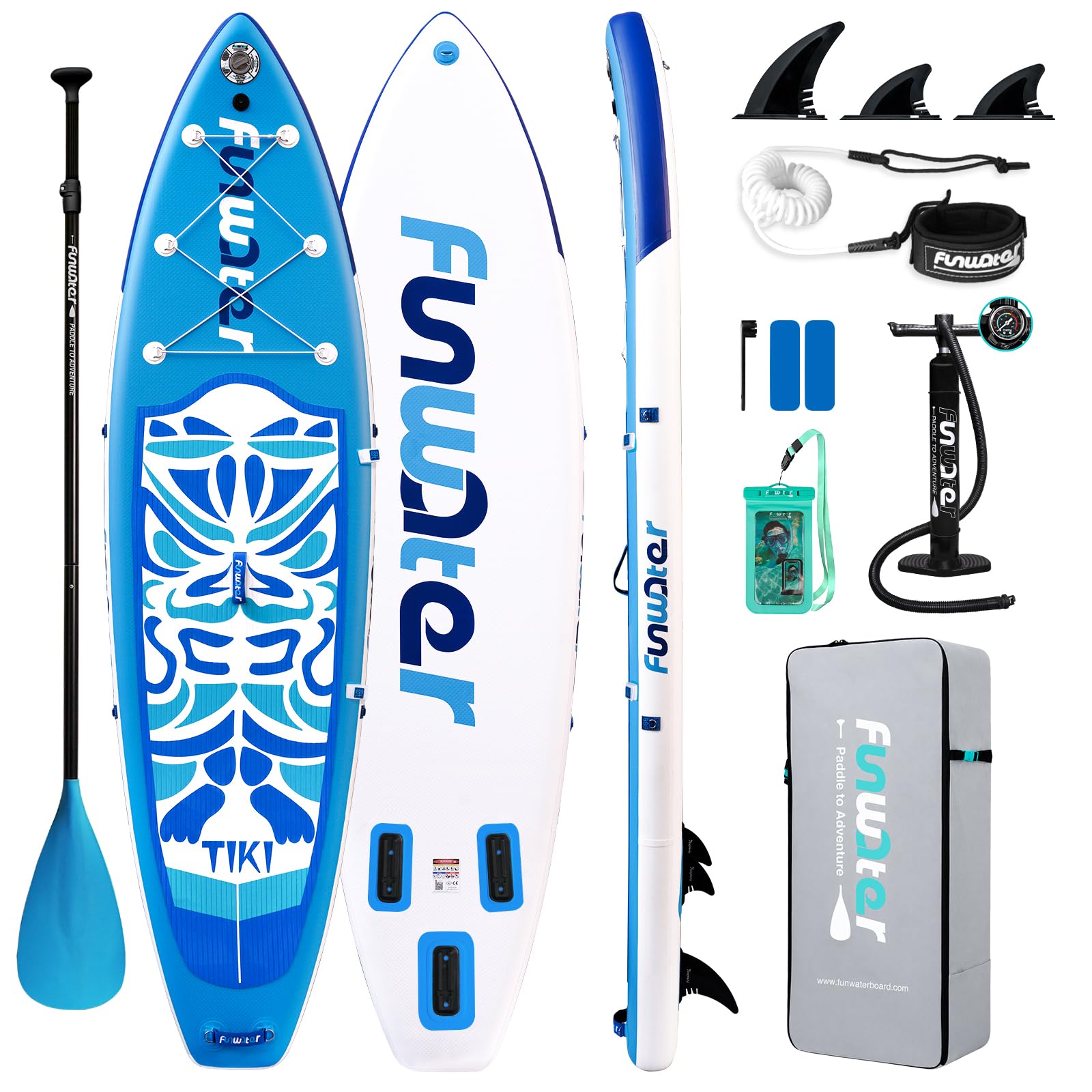 FunWater Sup Inflable Ultraligero (17.6 Libras) para Todos los Niveles de Habilidad, Todo Incluido con Tabla de Remo de pie, Pala Adj, Bomba, Mochila de Viaje ISUP, Correa, Bolsa Impermeable