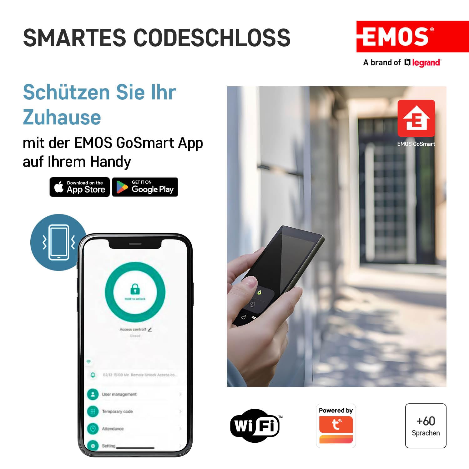 EMOS Gosmart Zugangskontrolle-Tastatur mit integriertem RFID Lesegerät und App, Smart Home Codeschloss für Türe und Tore, wasserdichte Schloss-Tastatur für RFID Karte/Chips, Tür Access Control