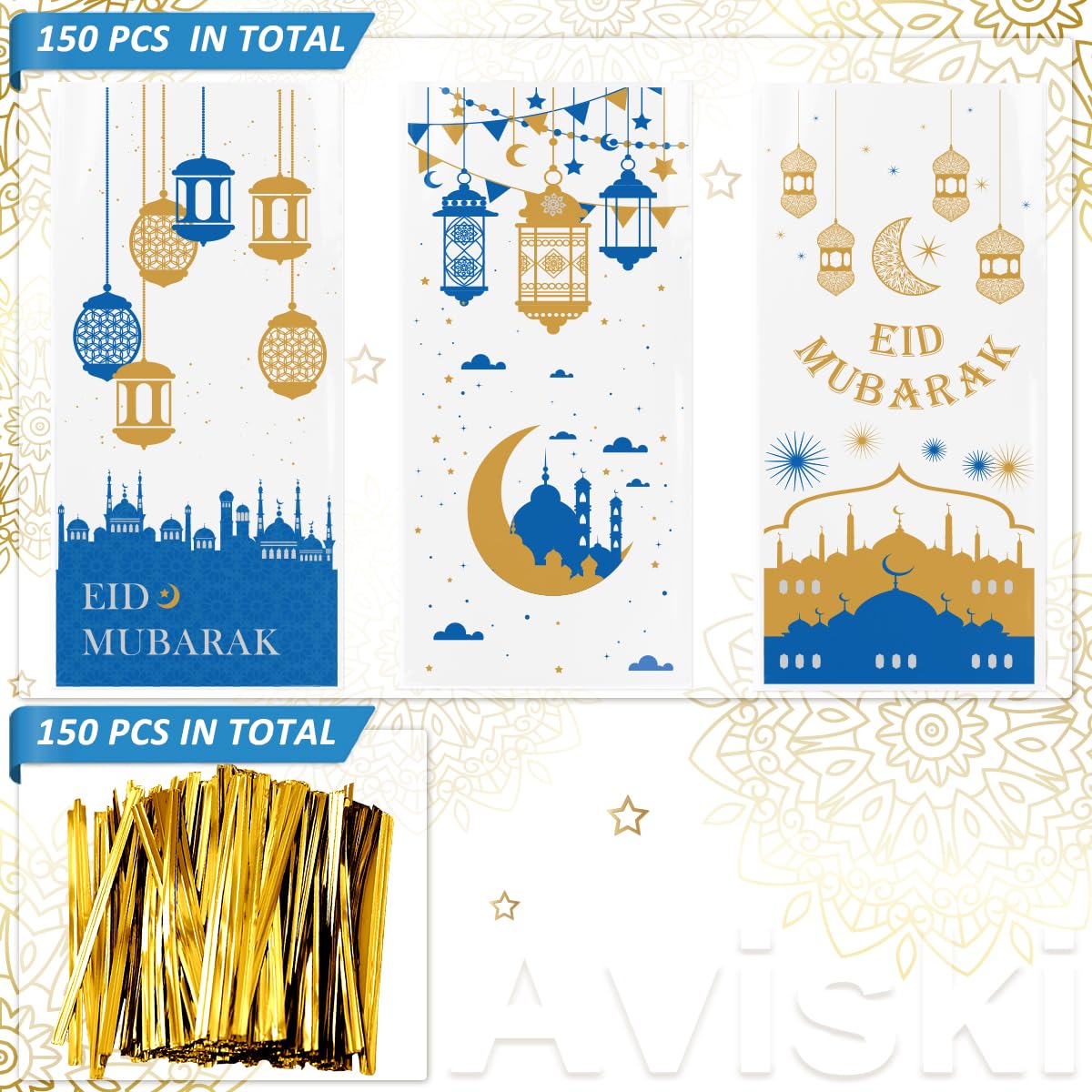 Aviski 150PCS Eid Mubarak Party Treat Bags, Ramadan Theme Printed Pattern Gift Bags Cellophane Clear Plastic Goodie Favor Bags with Silver Twist Ties for Eid Mubarak Party, 10.6 × 5.1inch