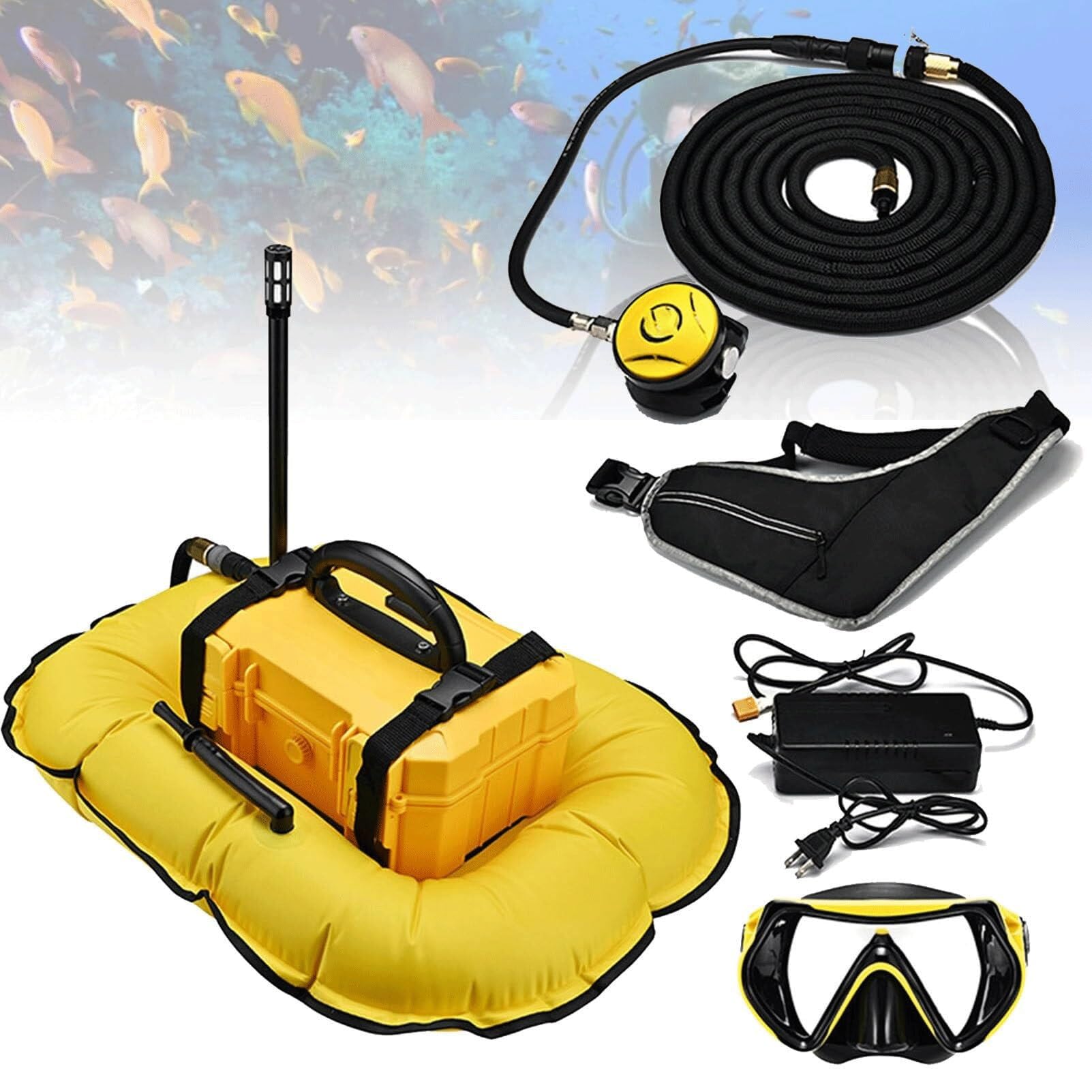 WYWY Sistema de buceo recargable de 3/5.5 horas con manguera de 10 m y regulador de respiración de buceo, máquina de buceo desmontable, para buceo recreativo y pesca (amarillo, D3000)