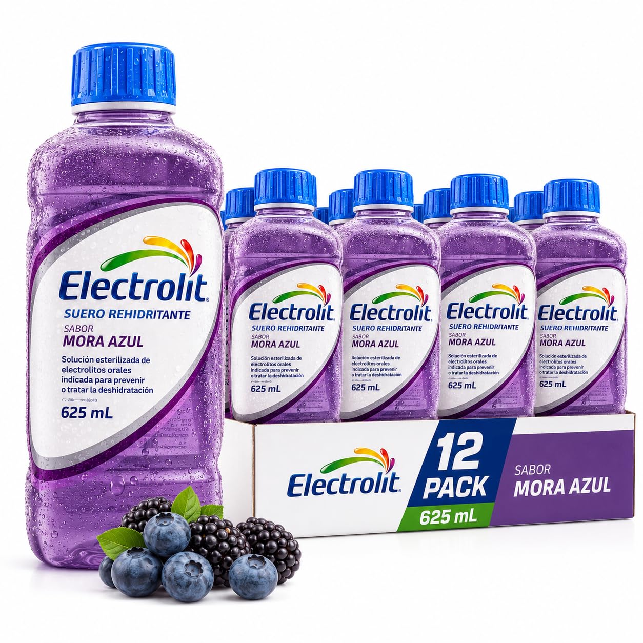 Electrolit suero rehidratante, sabor mora azul, solución esterilizada de electrolitos orales, 625 ml, pack 12 piezas